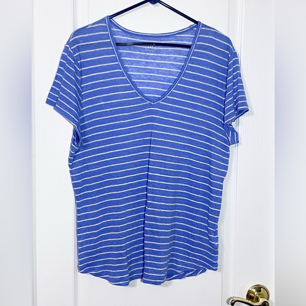 GAP LINEN Striped V-Neck Tee Lt. Blue White XL